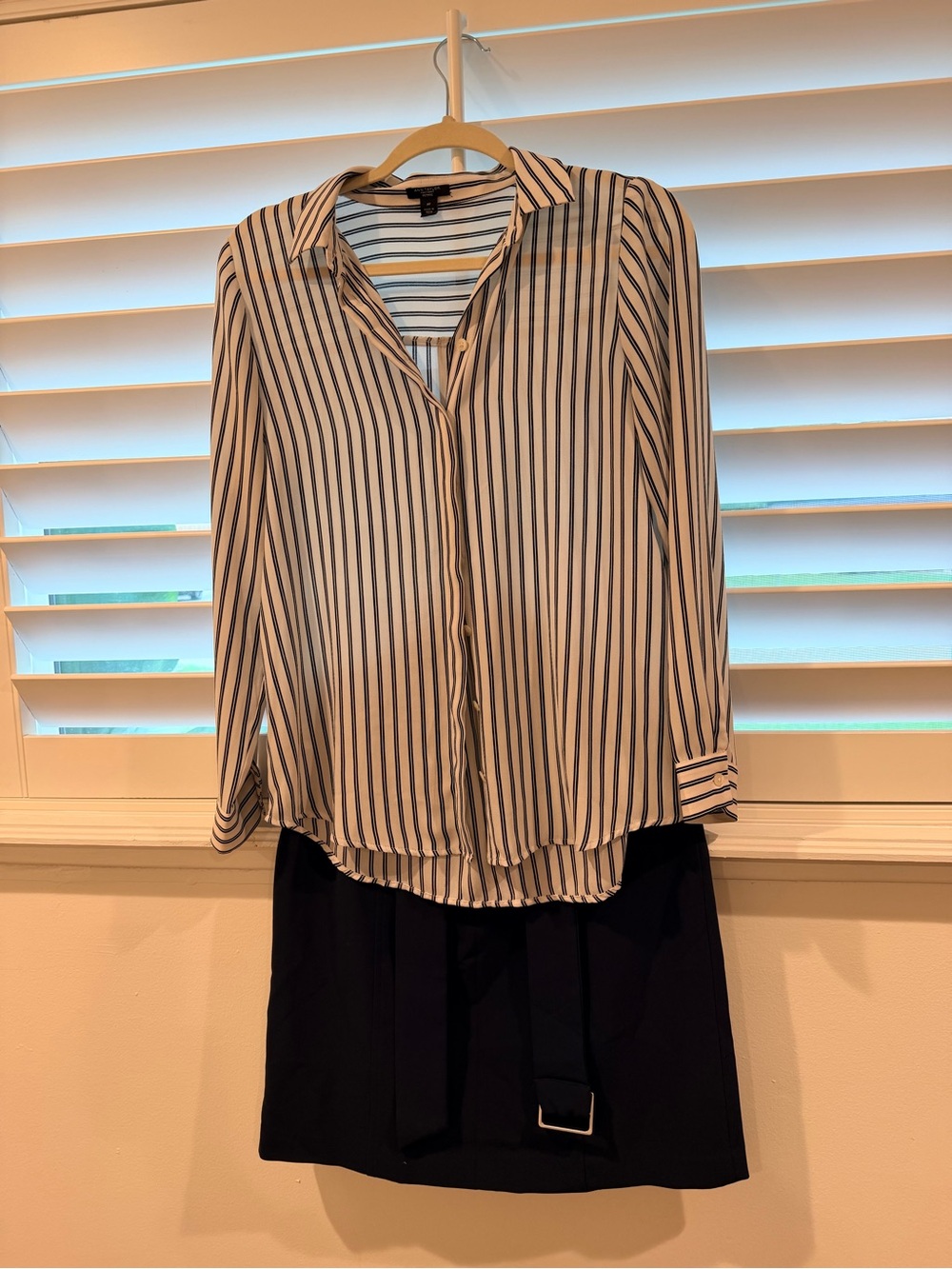 Ann Taylor Set: Button-Down Shirt with Black Stripes and Navy Buckle Belt Skirt